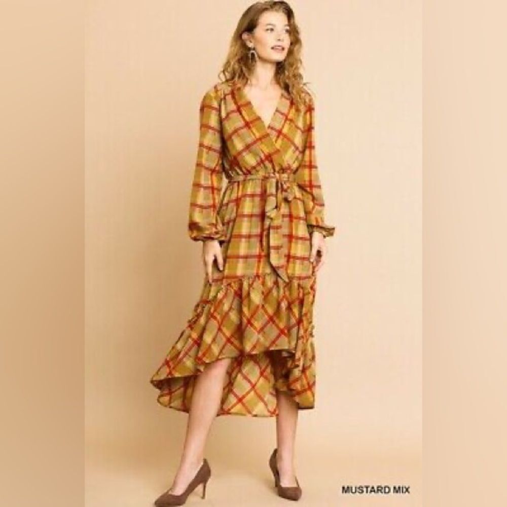 🌻3 for $25 SALE- Umgee Mustard Plaid Ruffle High Low Midi Dress